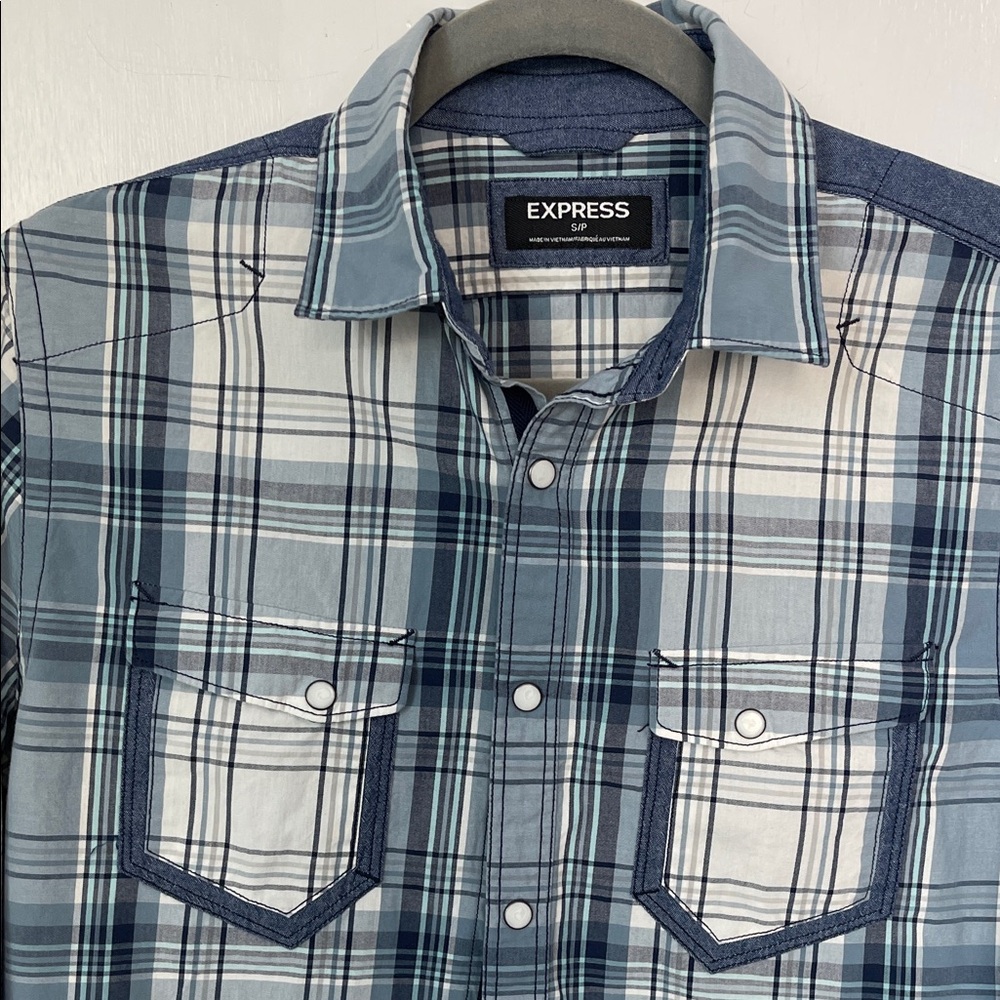 Express Navy and White Plaid Button-Down Shirt